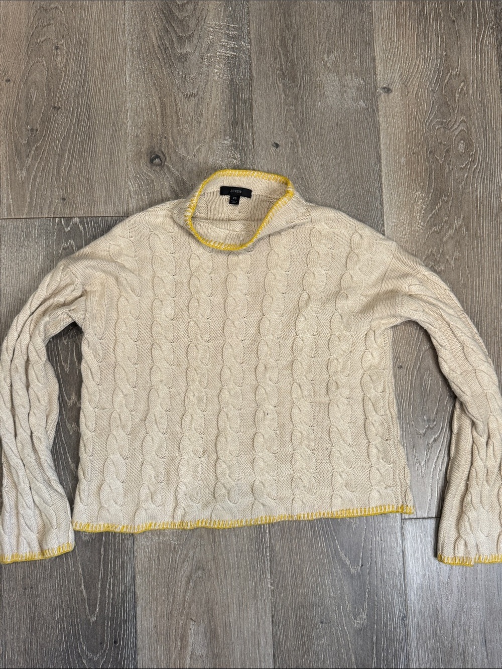J. Crew Cream Cable Knit Crewneck Sweater with Yellow Trim CB0842